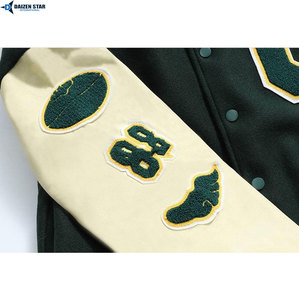 DAIZEN <b>STAR</b> Men's Varsity <b>Jacket</b> Green Cream Sleeve Patch Design Preppy Style Autumn Wear Polyester Cotton Material - Product Image 3