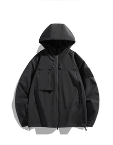 Veste Softshell Imperméable à Capuche Noire pour Homme, Coupe-Vent, Style Vêtement de Travail Formel, Fermeture Éclair, Rembourrage en Polyester, Coupe Classique - Product Image 1