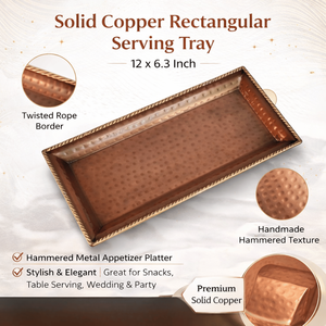 Solid <b>Copper</b> Rectangular Serving Tray 12 x 6.3 Inch|Hammered Metal Appetizer Platter for Snacks, <b>Table</b> Serving, Wedding & Party - Product Image 5