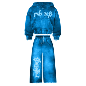 Blue Hooded Tracksuit Set Full Zipper Streetwear Regular Fit Unisex Adult Autumn Wear Eco-Friendly Breathable Drawstring Closure - Product Image 5