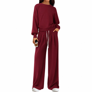 Ensemble de survêtement d'hiver décontracté pour femme, couleur unie, 2 pièces, écologique, 65% coton molletonné, coupe régulière, pantalon large, à capuche - Product Image 1