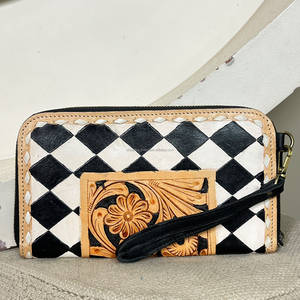 Monedero de Cuero con Cremallera y Diseño Floral a Cuadros, Hecho a Mano, para Uso Diario, Venta al Por Mayor de Septiembre - Product Image 3