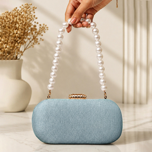 Sky Blue Shimmer Pearl Handle Embroidery Diamond Lattice Magnetic Closure Elegant <b>Clutch</b> up 1L Women <b>Wedding</b> Celebration - Product Image 1