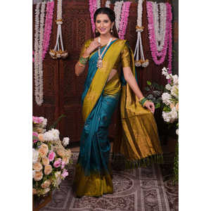 ผ้าไหมเนื้อนุ่มสีฟ้าทะเลลายทอเอลีทวีฟส์ พร้อมขอบลายดอกไม้ปักดิ้นทองสำหรับงานแต่งงาน - Product Image 4