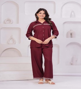 New Arrival Pure Cotton OEM & ODM Customized Cotton Women's Loungewear <b>Set</b> 2-Piece Full Length Shirt Pant Solid Coord <b>Set</b> - Product Image 1