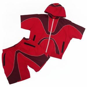 <b>Boys</b> Red Color Blocking Tracksuit Set Short Sleeve Hooded Zipper Sporty Shorts Quick Dry Polyester Autumn Wear - Product Image 1