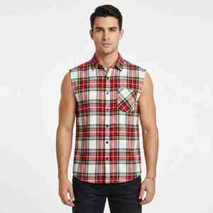 Camisa de Franela a Cuadros sin Mangas para Hombre, Estilo Casual, con Botones, Cuello Clásico, Transpirable, de Algodón, en Rojo, Blanco y Negro, para Otoño - Product Image 1