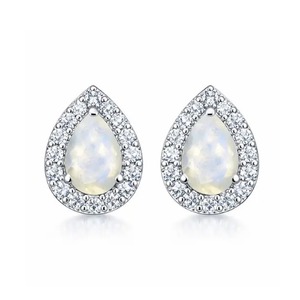 Pendientes de tuerca de plata 925 chapados en rodio con piedra lunar talla pera y halo de circonitas cúbicas, engaste de garra, de Rhaya Jewels, modernos, románticos para mujer, al por mayor - Product Image 1