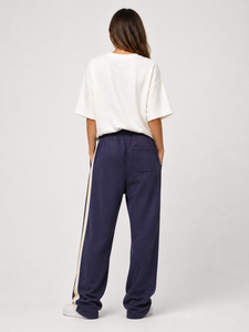 Pantalon de survêtement ample en molleton pour femme avec bande latérale, taille élastique, coupe décontractée, style sarouel, longueur intégrale, taille mi-haute, idéal pour le printemps - Product Image 4