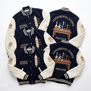 Chaqueta Varsity al por mayor, azul marino, cuerpo de lana, mangas de cuero crema, termómetro de Galileo de precisión para ciencia experimental, bordado. - Product Image 1