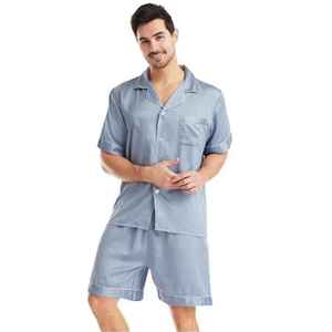 <b>Men's</b> Light Blue Satin Short Sleeve <b>Shirt</b> Shorts Set Breathable Casual Summer Wear Solid Color Two Piece Customizable Pajama - Product Image 2