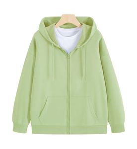Sudadera con Capucha y Cierre de Cremallera Unisex, Color Verde Claro, Corte Holgado, Color Sólido, Informal, Tejida, 100% Algodón, Transpirable, para Invierno - Product Image 1