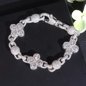 Iced Out Flower Bracelet Diamond Link Jewelry White Gold Finish Luxury Hip Hop Statement Bracelet For Women <b>Men</b> - Product Image 3