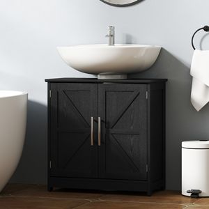 Mueble de Baño Prefabricado con Lavabo Pedestal Estilo Rústico Negro Desgastado, 2 Puertas Corredizas y Estante Ajustable - Product Image 2