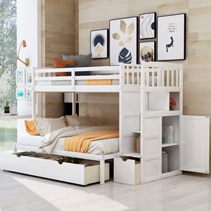 Letto a Castello Bianco Convertibile con Ripiani e Cassetti per Bambini - Product Image 1