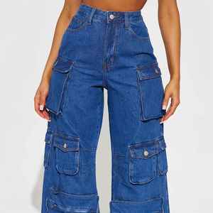 Jean cargo en denim taille haute à jambes larges pour femme, coupe ample multi-poches, en coton bleu - Product Image 4