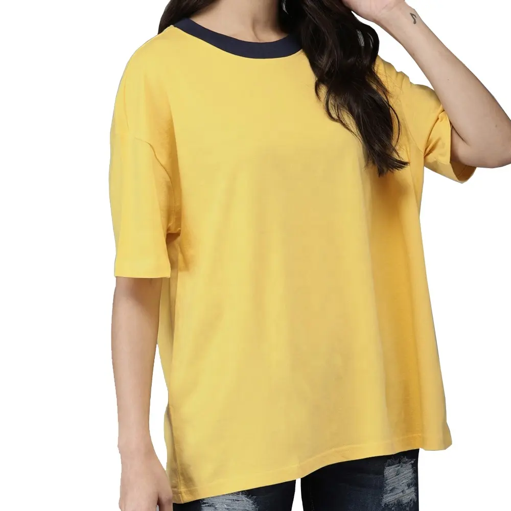 कस्टम उच्च गुणवत्ता वाली स्ट्रीट ड्रॉप शोल्डर ओवरसाइज़्ड महिलाओं की टी शर्ट कंट्रास्ट रिब्ड छोटी आस्तीन 100% सूती लड़कियों की टी-शर्ट