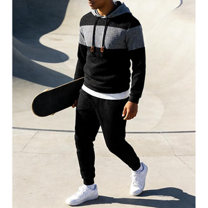 Men's Hooded Waffle <b>Knit</b> Thermal Tracksuit <b>Set</b> Color Blocking Casual Winter Wear - Product Image 4