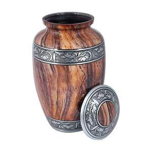 Urne funéraire en aluminium, grain de bois teck brun, bande argentée tulipe, pour cendres d'adultes, artisanat Uzair UHI-250 personnalisé - Product Image 1