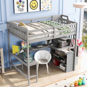 Letto a soppalco a grandezza naturale con scrivania a L e scaffali a tre livelli grigio - Set di mobili per bambini con scala contenitore integrata - Product Image 1