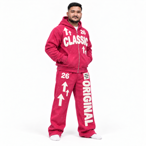 Survêtement zippé en molleton délavé personnalisé pour homme avec veste à capuche à lettres appliquées, pantalon ample, étiquette personnalisée, vêtements streetwear robustes - Product Image 2