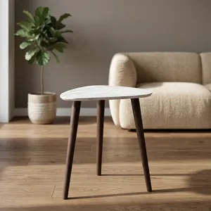 Table d'appoint moderne avec plateau en marbre et pieds en bois de manguier, design mid-century, meubles de salon faits à la main - Product Image 3