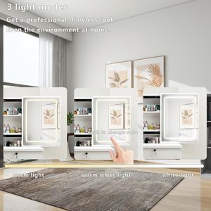 Toeletta Moderna con Illuminazione a 3 Colori, 4 Cassetti, Scaffalature Aperte e Specchio Mobile - per Appartamenti - Product Image 3