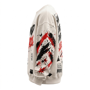 Sudadera Oversize Crema con Estampado de Grafiti Rojo y Negro Intenso, Estilo Urbano Personalizado, Cuello Redondo para Marcas de Moda, para Hombre, al por Mayor - Product Image 3