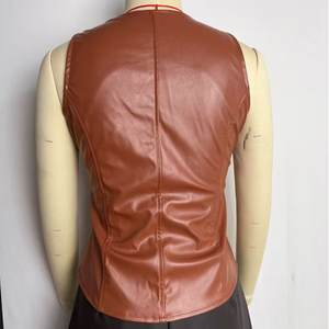 Women's Genuine <b>Leather</b> V-Neck <b>Sleeveless</b> Blazer Autumn Solid Color Button Front Regular Length Woven Cow Skin <b>Jacket</b> - Product Image 4