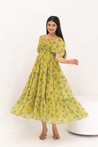 Vestido Midi Floral Amarillo de Gasa con Cuello Cuadrado y Mangas con Volantes, Estilo Boho, Ropa Casual de Verano, Estampado Floral Verde - Product Image 4