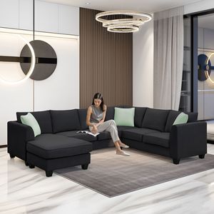 Divano Componibile Modulare 112*87 Pollici con Pouf, Set da Soggiorno a 7 Posti con Divani a L in Tessuto - Product Image 1