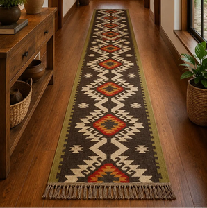 Alfombra Kilim Artesanal del Suroeste, de Lana y Yute, Estilo Boho Tribal, para Pasillo, Entrada, Corredor Largo, Decoración Rústica - Product Image 1