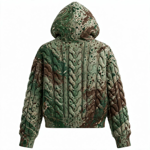 Sweat à capuche vert et marron en tricot torsadé, motif éclaboussures de peinture, cordons tressés, poche kangourou, poignets côtelés, streetwear, pull décontracté - Product Image 2