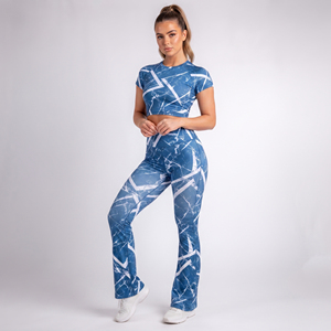 Wholesale Women's Printed <b>Flare</b> Leg Yoga 2 Piece Set Spandex Polyester Gym Fitness Crop Top <b>Flare</b> <b>Leggings</b> Yoga Workout Set - Product Image 1