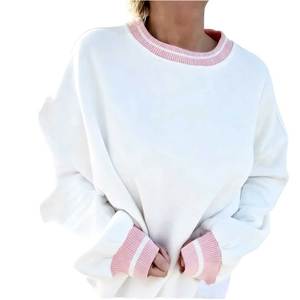 Sudadera Oversize Blanca de Algodón para Mujer con Logo Personalizado, Cuello Redondo de Punto Acanalado Rosa en Contraste, Hombros Caídos y Ajuste Holgado - Product Image 1