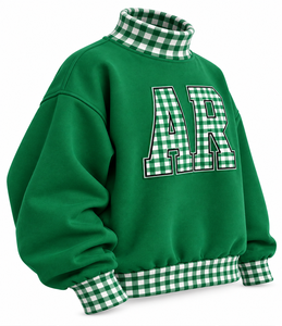 OEM Custom Women’s Autumn Mock Neck Pullover Gingham <b>Letter</b> Patch <b>Applique</b> Oversized Sweatshirt - Product Image 4