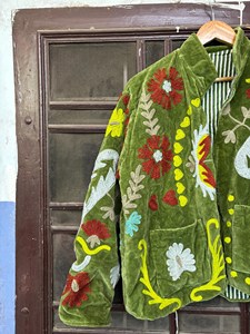 <b>Women</b> Boho Green <b>Velvet</b> Embroidered Floral Suzani <b>Jacket</b> With Floral Pattern Full Sleeve Stand Collar <b>Women</b> Autumn Outerwear - Product Image 2