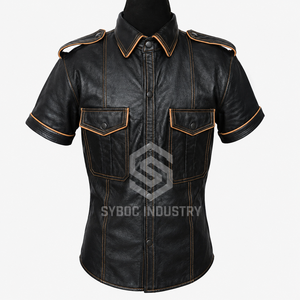 เสื้อเชิ้ตหนังสีดำ แขนสั้น แต่งขอบตัดกัน จับจีบด้านหน้า ที่บ่าเสื้อมีแถบผ้า กระเป๋าคู่ สไตล์เรโทร เหมาะสำหรับงานปาร์ตี้ - Product Image 1
