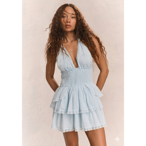 Minivestido halter con volantes Azure Eyelet Tiered Seraphina, color rosa, con cintura fruncida y volantes, estilo costero, con bordado halter. - Product Image 4