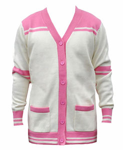 Cardigan classique en tricot pour femme, col en V, manches longues, rose et blanc contrastés, fermeture boutonnée sur toute la longueur, coupe classique, toutes saisons - Product Image 1