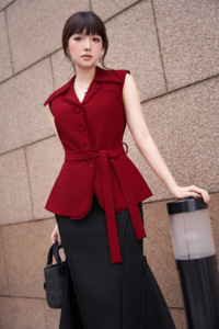 Women's Sleeveless <b>Red</b> Peplum Vest Frayed Lapel Notch Collar Self Tie Waist <b>Belt</b> Tailored Top Polyester Spandex LUCIA - Product Image 4