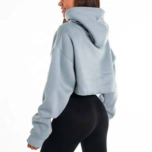 Hoodie court bleu clair pour femme, épaules tombantes, manches longues, coupe oversize, en polaire tricotée de polyester, anti-rétrécissement, broderie géométrique - Product Image 2