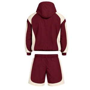 Mens Burgundy Neutral Colorblock Nylon Hoodie <b>Shorts</b> Set Quarter <b>Zip</b> Lightweight Athletic Running Gym Casual Sports Outfit - Product Image 2