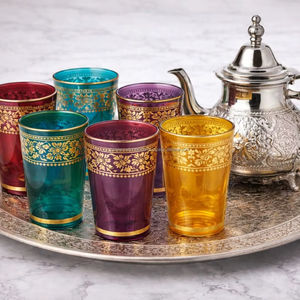 Service à thé marocain de luxe, 6 verres, un plateau, une théière, dans un coffret cadeau - Product Image 1