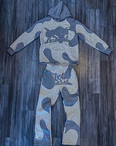 Custom Men's Vintage Embroidery <b>Hoodies</b> Distressed Patchwork Tracksuit with Acid Wash Zip Winter Set Solid Pattern - Product Image 2