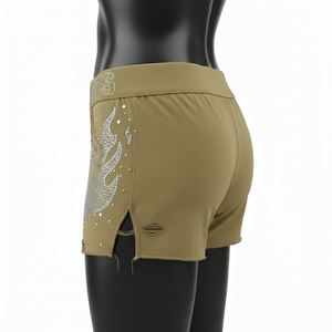 Shorts de Mujer de Alta Calidad, 260 GSM, Algodón y Spandex Elástico, Color Caqui, Panel con Llama, Logotipo con Pedrería Hotfix - Product Image 3