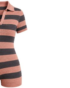 Mono de punto a rayas rosa rubor y carbón para mujer, manga corta, cuello polo, informal de verano, de una pieza, ajustado, personalizado - Product Image 4