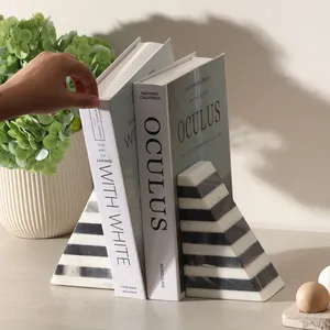 Porte-livres sculptural Art Déco en marbre rayé noir et blanc de luxe, support de livres en pierre naturelle, organisateur d'étagère décoratif pour la maison et le bureau - Product Image 6