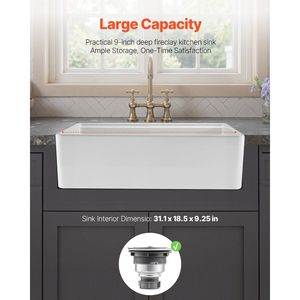 Lavello da cucina a incasso singolo da 32,5x20 pollici in argilla refrattaria, bianco, con frontale a grembiule, resistente al fuoco, per postazione di lavoro - Product Image 3