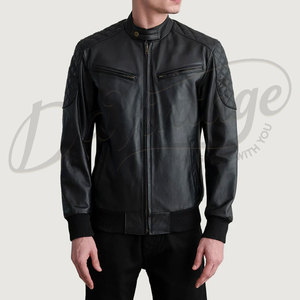 Veste bomber en cuir noir pour homme, coupe ajustée, avec détails matelassés aux épaules, en cuir d'agneau de qualité supérieure - Product Image 5